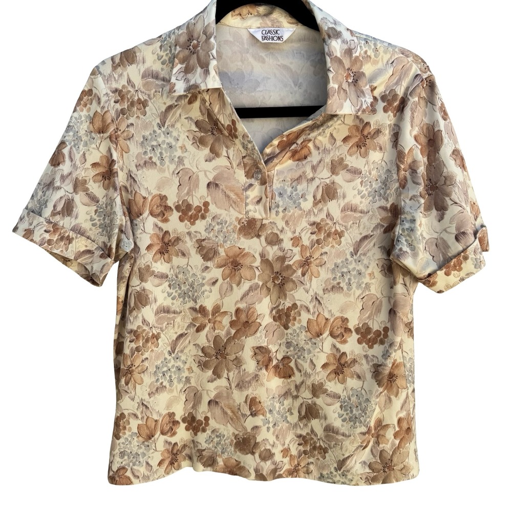 Classic Fashions Vintage 80s Garden Floral Cottagecore Polo Top Grandmacore‎ XL